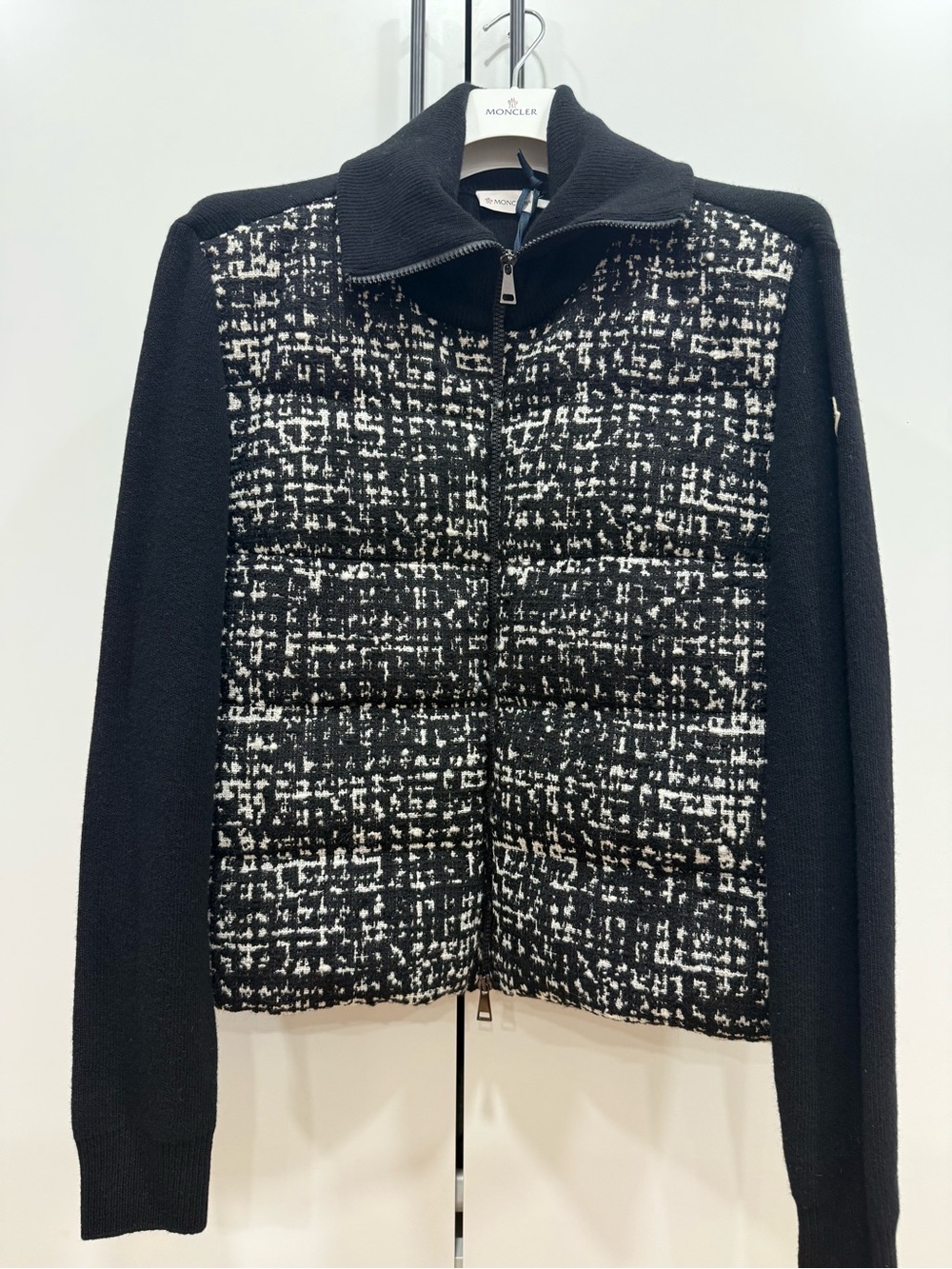 Moncler Black & White Tweed-Front Knit Bomber Cardigan